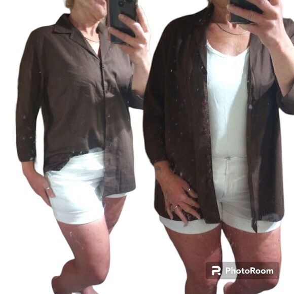 Liz Baker brown Lenin button down with front pocket - Picture 1 of 11